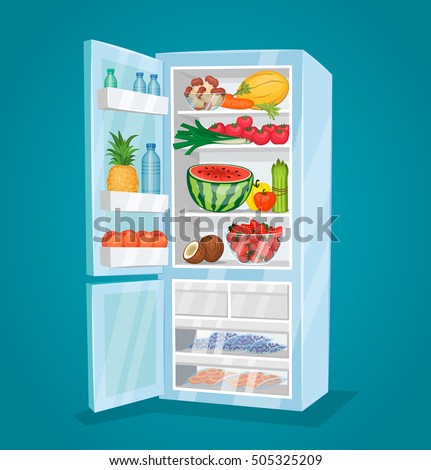 Refrigerator full of food. Opened fridge filled with fresh fruits and vegetables vector illustration on blue background. Vegetarian meals. Saving freshness of products. Healthy nutrition concept
