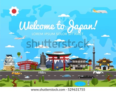 Travel around Japan. Welcome to Japan poster with vector historic and modern attraction, natural sightseeing place illustration. Travel around Japan by car or airplane. Oriental country discover
