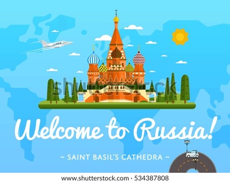 Welcome to Russia poster with famous attraction vector illustration. Travel design with Saint Basil's Cathedral at Red Square. World landmark and historical place, tour guide for traveling agency