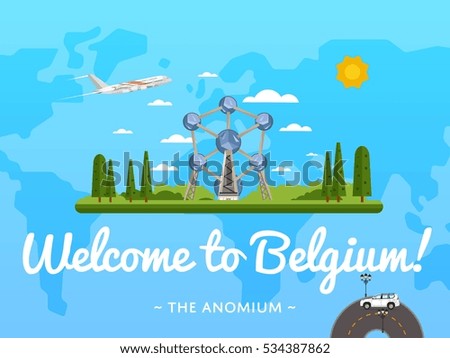 Welcome to Belgium poster with famous attraction vector illustration. Travel design with futuristic modern building. Famous architectural landmark, worldwide traveling concept, tourist agency banner