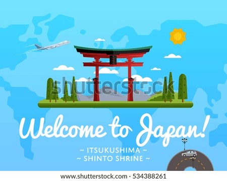Japan adventure. Travel to japanese sightseeing advertisement. Welcome to Japan poster with Itsukushima Shinto Shrine on Miyajima island vector design illustration. Worldwide travelling by air or road