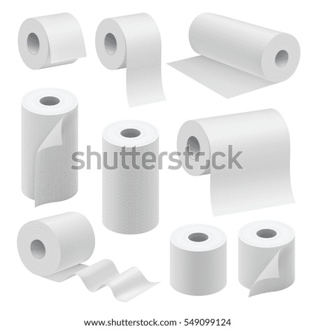 Realistic paper roll mock up set isolated on white background vector illustration. Blank white 3d packaging kitchen towel, toilet paper roll, cash register tape, thermal fax roll. Paper roll template
