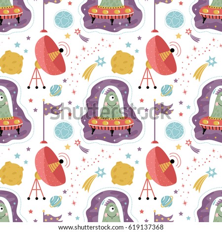 Space aliens cartoon seamless pattern. Funny one eye jelly creature in flying saucer, parabolic antenna, moon, falling stars, planets, moon, flag with stars vector illustrations on white background