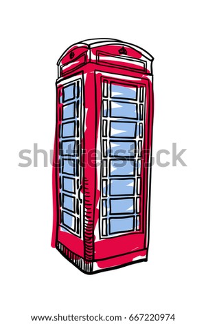 London red phone booth hand drawn isolated icon. English culture element, patriotic vector illustration.