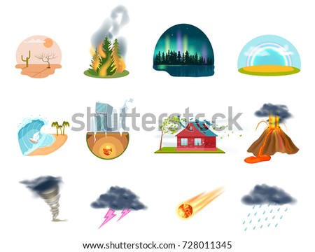 Natural disasters icons. Tornado, forest fire, earthquake, volcanic eruption, tsunami, thunder with lightning, drought desert, meteorite signs. Dangerous weather, extreme climate vector illustration