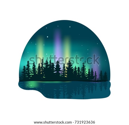 Northern lights over deep forest isolated icon. Colorful aurora borealis vector illustration in cartoon style.