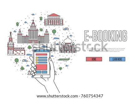 E-booking poster with moscow famous architectural landmarks in linear style. Online tickets ordering, mobile payment vector with smartphone in hand. Russia traveling, moscow historic attractions