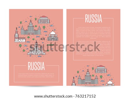 Russia country traveling advertising with famous monuments. Touristic trip vector layout for travel agency, worldwide tourism. Moscow architectural landmarks and traditional symbols in linear style.