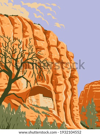 Mogollon Cliff Dwellings in Gila Cliff Dwellings National Monument Located in the Gila Wilderness New Mexico WPA Poster Art