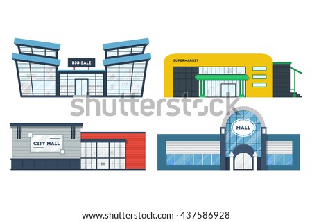 Flat supermarket. Shopping mall building. Set of colorful funny cartoon city store. Market shop place. Business marketing collection. Infographic elements. Isolated vector illustration. 