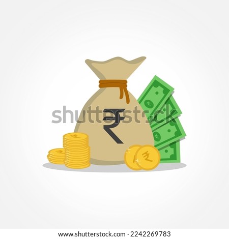 Indian Rupee bag, rupee note and coins vector 