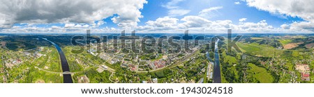 Dmitrov, Russia. City center. Moscow Channel. Aerial view. Panorama 360