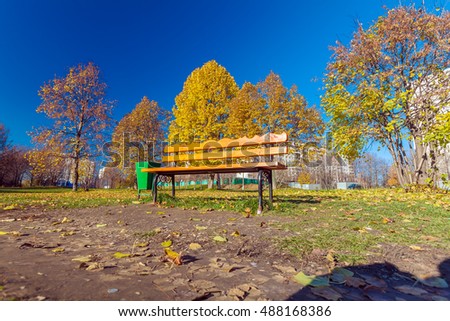 Bench in autumn city park with gold leaves around