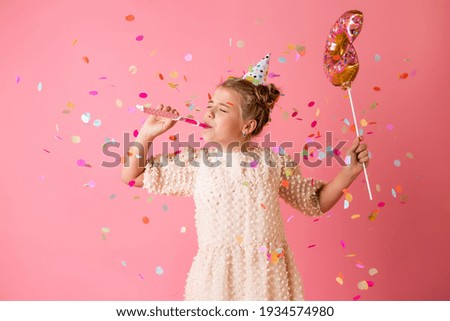 Similar – Image, Stock Photo Child with pink cap in front of city with evening sky