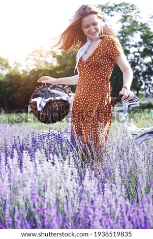 Provence - girl with a retro bicycle and a basket of lavender in a lavender field. France