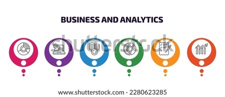 business and analytics infographic template with icons and 6 step or option. business and analytics icons such as circular chart, laptop with analysis, money back, data circular chart, revision,