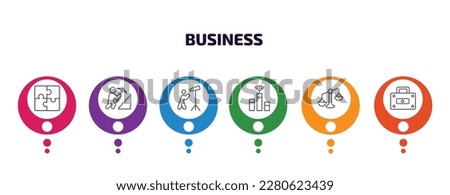 business infographic template with icons and 6 step or option. business icons such as puzzle game piece, worker digging a hole, man looking, ranking factor, punishment, rectangular briefcase vector.