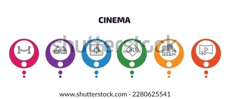 cinema infographic template with icons and 6 step or option. cinema icons such as cinema borders, 3d glass, movie countdown, hd video, film viewer, 3d video vector. can be used for banner, info