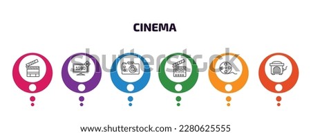 cinema infographic template with icons and 6 step or option. cinema icons such as cinema clapperboard, 1080p hd tv, dslr camera, flapper, movie roll, hurdy gurdy vector. can be used for banner, info