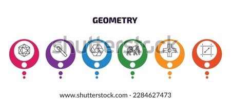 geometry infographic template with icons and 6 step or option. geometry icons such as icosahedron, quick selection, polygonal hexagon, polygonal elephant, intersection, dimensions vector. can be