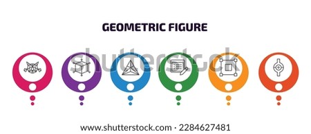 geometric figure infographic template with icons and 6 step or option. geometric figure icons such as polygonal cat, 3d cube, triangle, properties, bounding box, joint vector. can be used for