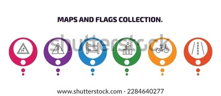maps and flags collection. infographic template with icons and 6 step or option. maps and flags collection. icons such as right reverse curve, caution, dormitory, crossing road caution, bicycle,