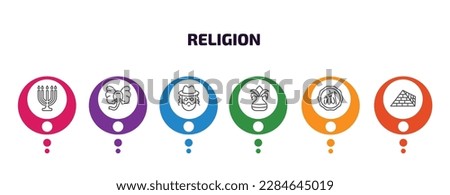 religion infographic template with icons and 6 step or option. religion icons such as big menorah, elephant, rabbi, kalasha, allah word, captives to egypt vector. can be used for banner, info graph,
