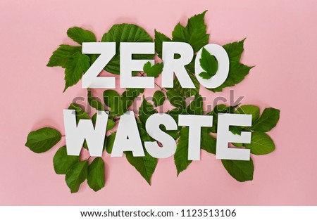 zero waste paper text witj green leaves on pink background  ストックフォト © 