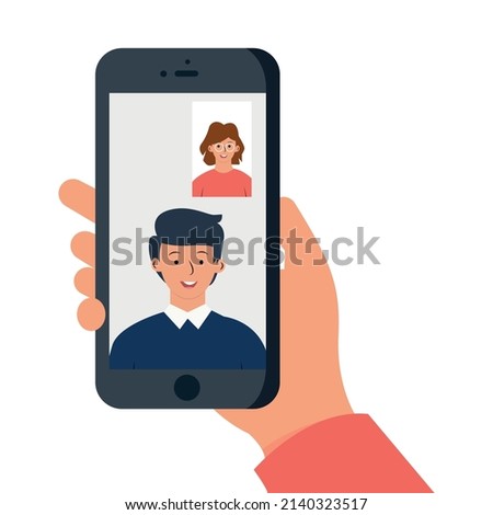 Video call with a friend. Communication at a distance, talking on the phone. Colorful flat illustration