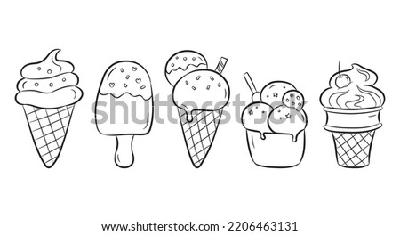 Ice cream set isolated on white background. Collection of ice cream in a cup, in a waffle cone and popsicle in doodle style. Vector illustration