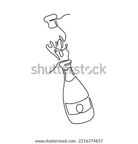 Continuous one line drawing of champagne bottle. Champagne opening with splash in line art style. Concept of holiday, victory. Vector illustration isolated on white background