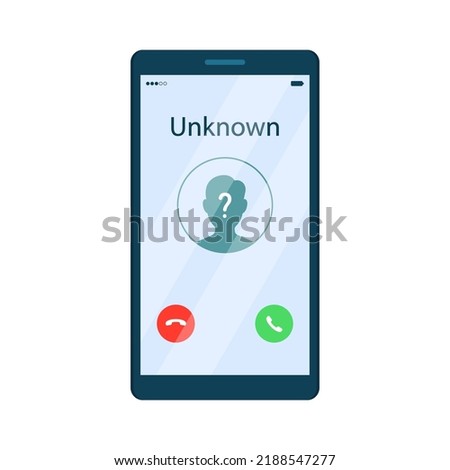 Incoming call from unknown caller on mobile phone screen. Vector illustration in flat cartoon style.