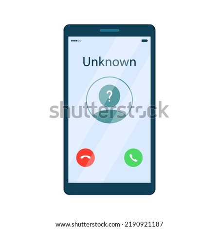 Mobile phone interface with incoming call from unknown caller and accept or reject call buttons. Isolated vector illustration in flat cartoon style.