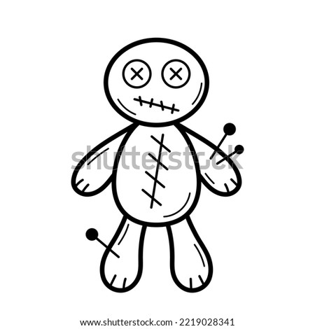 Voodoo doll. Ritual object for witchcraft, magic and casting spells or damage to a person. Hand drawn sketch style. Isolated vector illustration in doodle line style.