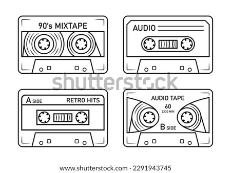 Set of audio cassettes tape. Various music audio records. Different mixtapes. Nostalgia for the 80s and 90s. Doodle sketch style. Isolated vector illustration on white background.