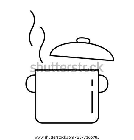 Pot icon. Pan with open lid and steam in line style. Hot meal. Outline vector illustration.