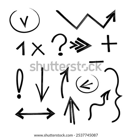 A set of different arrows, numbers and punctuation marks drawn by hand. Question mark, exclamation mark, minus, plus and parenthesis