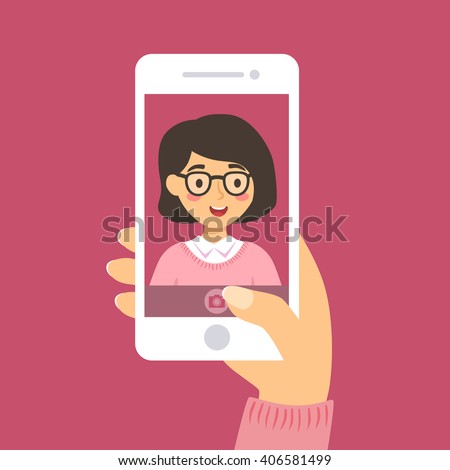 Selfie Woman Pink. Vector illustration of a glasses woman take a selfie picture of her self with smart phone in pink background.