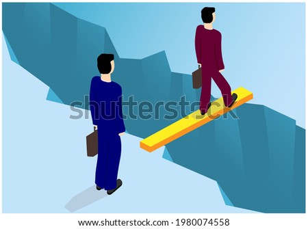 Vector image of two people crossing an ice floe break on a board. Transfer, transfer to another employer for employment. Achieving the goal through difficulties and obstacles