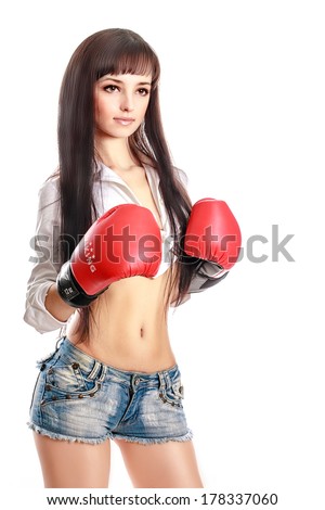 sport young woman boxing gloves isolated on white