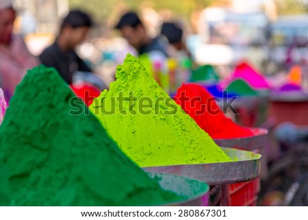 Colorful holy powders on Orcha market, India