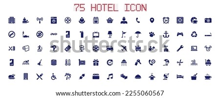 Collection of 75 hotel icons. Hotel service, hotel supplies. Includes massage, room key, toilet paper, bed, hotel logo, game console, hot fan and so on. Vector illustration.