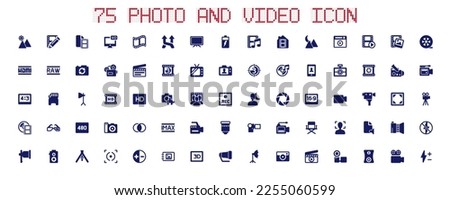 A collection of 75 picture and video icons for the media publishing industry. Including camera, camera, video editing, film, IMAX, shutter, HDMI and so on. Vector illustration.