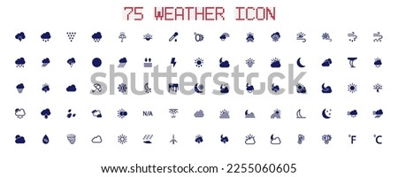 A collection of 75 weather icons, meteorological industry. Including rain, sunny, thunderstorm, lightning, crescent moon, sun, snowflakes, wind and so on. Vector illustration.