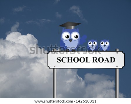 School Road street name sign with owl teacher and pupils