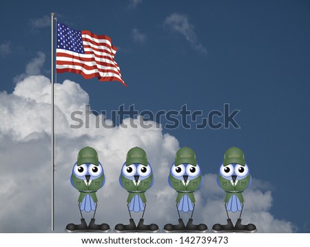 USA soldiers on parade ground against a cloudy blue sky