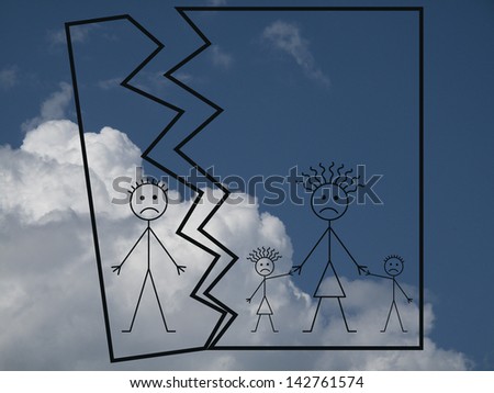 Representation of marriage break up against a cloudy blue sky