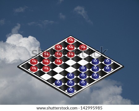 Battle of the sexes played out on a checkers board against a cloudy blue sky