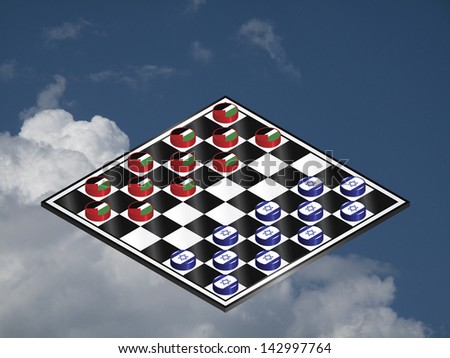 Israel Palestine Conflict played out on a checkers board against a cloudy blue sky