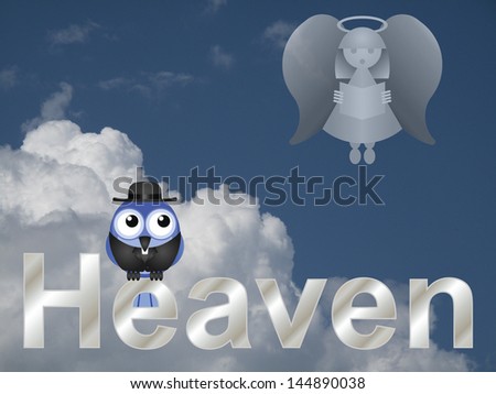 Representation of heaven with bird vicar against a cloudy blue sky
